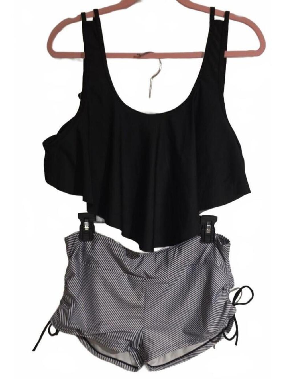 SHEIN Women's Two-Piece Swimsuit Black Ruffle Top